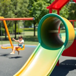 Newport Beach playground designed for accessibility with colorful play equipment.